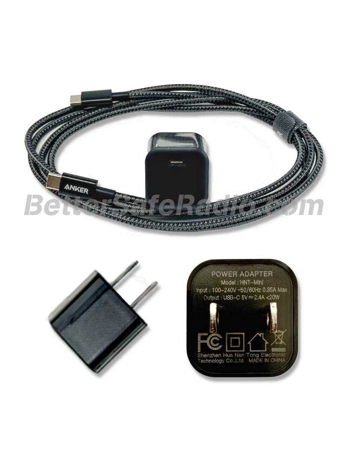 Different views of the BSR USB-C (HNT-Mini) AC Power Adapter & ANKER USB-C to C 6ft Braided Charging Cable Set for Wouxun KG-UV9-Series Two-Way Radios