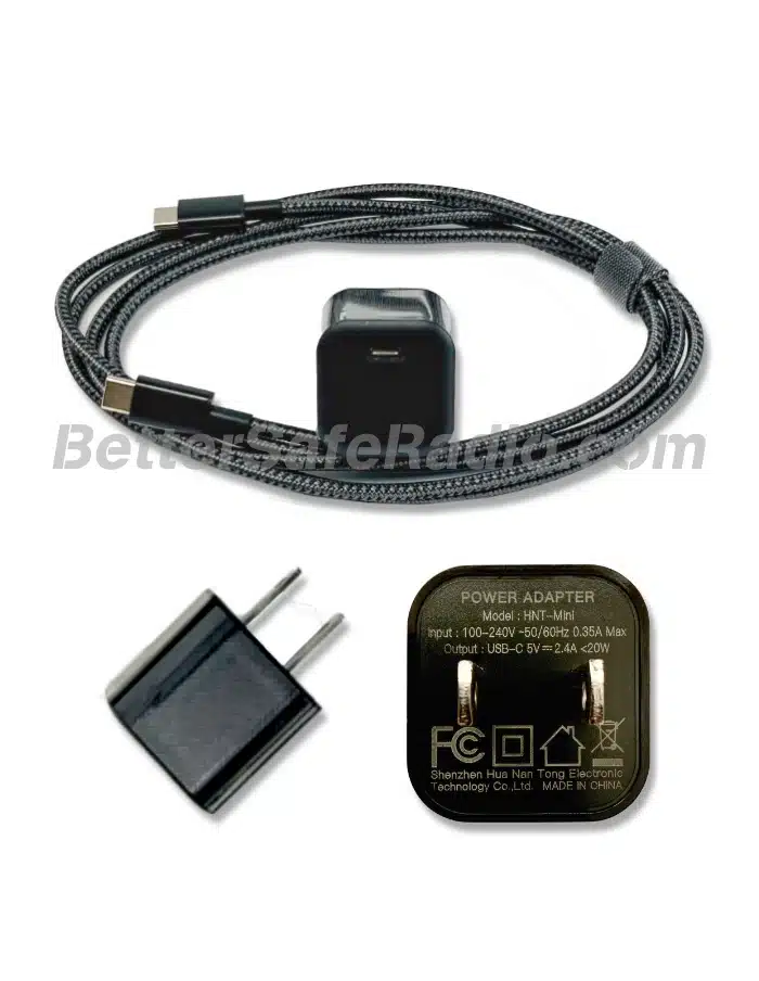 Different views of the BSR USB-C (HNT-Mini) AC Power Adapter & Quality USB-C to C 6ft Braided Charging Cable Set for Wouxun KG-UV9-Series Two-Way Radios