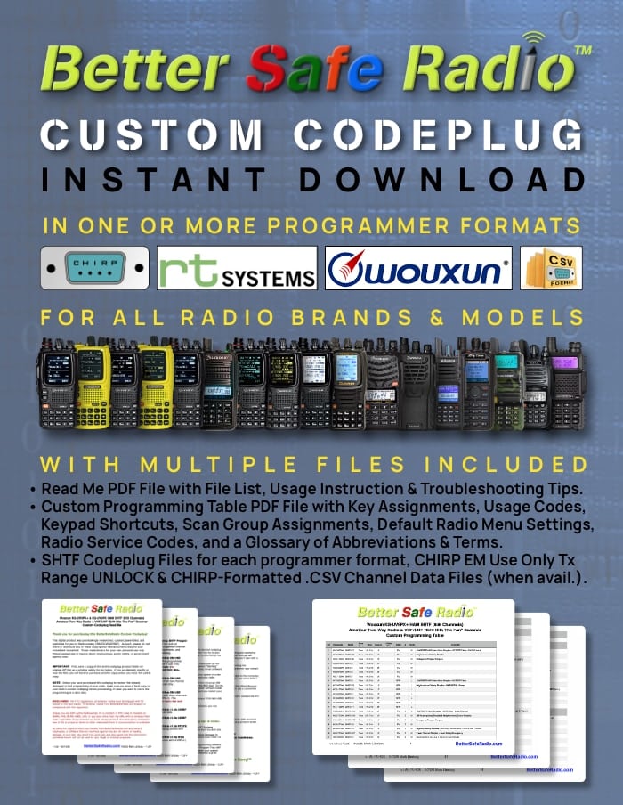 Description of the BetterSafeRadio HAM GMRS MURS Emergency EmComm SHTF Prepper Two-Way Radio Scanner Custom Codeplug Product