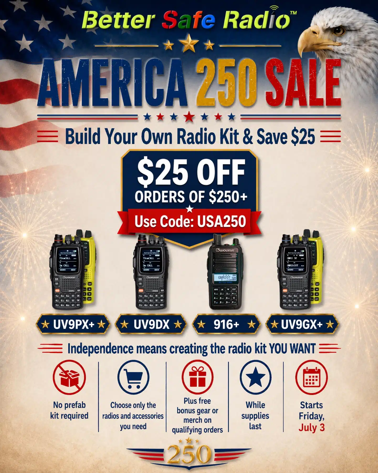BetterSafeRadio than Sorry!™ 3 Promo image for BetterSafeRadio AMERICA 250 SALE | Build Your Own Radio Kit & Save $25