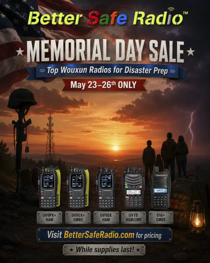Memorial Day Sale promo image for BetterSafeRadio's top Wouxun emergency two-way radios. May 23–26th only.