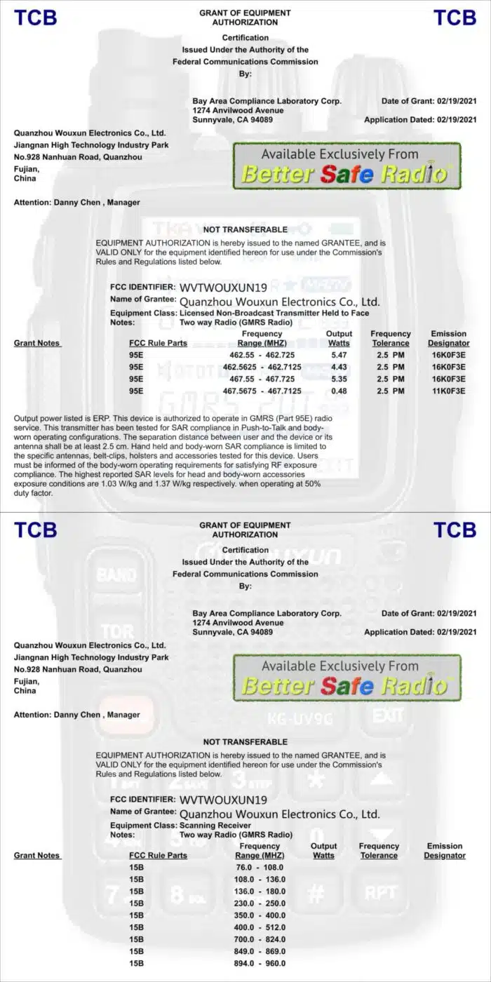Image showing BetterSafeRadio Wouxun KG-UV9GX FCC ID Part 95E & 15B Certification